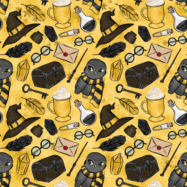 golden yellow, mustard background, wizard hat, owl character, black striped scarf, potion bottles, treasure chest, skeleton key, feather quill, rolled parchment, round glasses, magical wands, lantern, envelope, wizarding school, repeating pattern,, fabric panel, whimsical illustration, fantasy theme