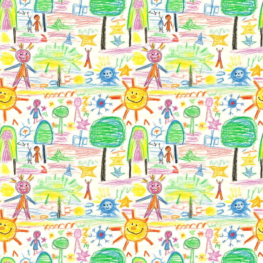 child artwork, crayon drawings, stick figures, smiling sun, green trees, colorful stars, rainbow colors, yellow, orange, blue, green, pink, purple, whimsical pattern, playful design, children's art style,, fabric panel, repeating motif, bright colors, cheerful mood