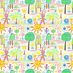 child artwork, crayon drawings, stick figures, smiling sun, green trees, colorful stars, rainbow colors, yellow, orange, blue, green, pink, purple, whimsical pattern, playful design, children's art style,, fabric panel, repeating motif, bright colors, cheerful mood