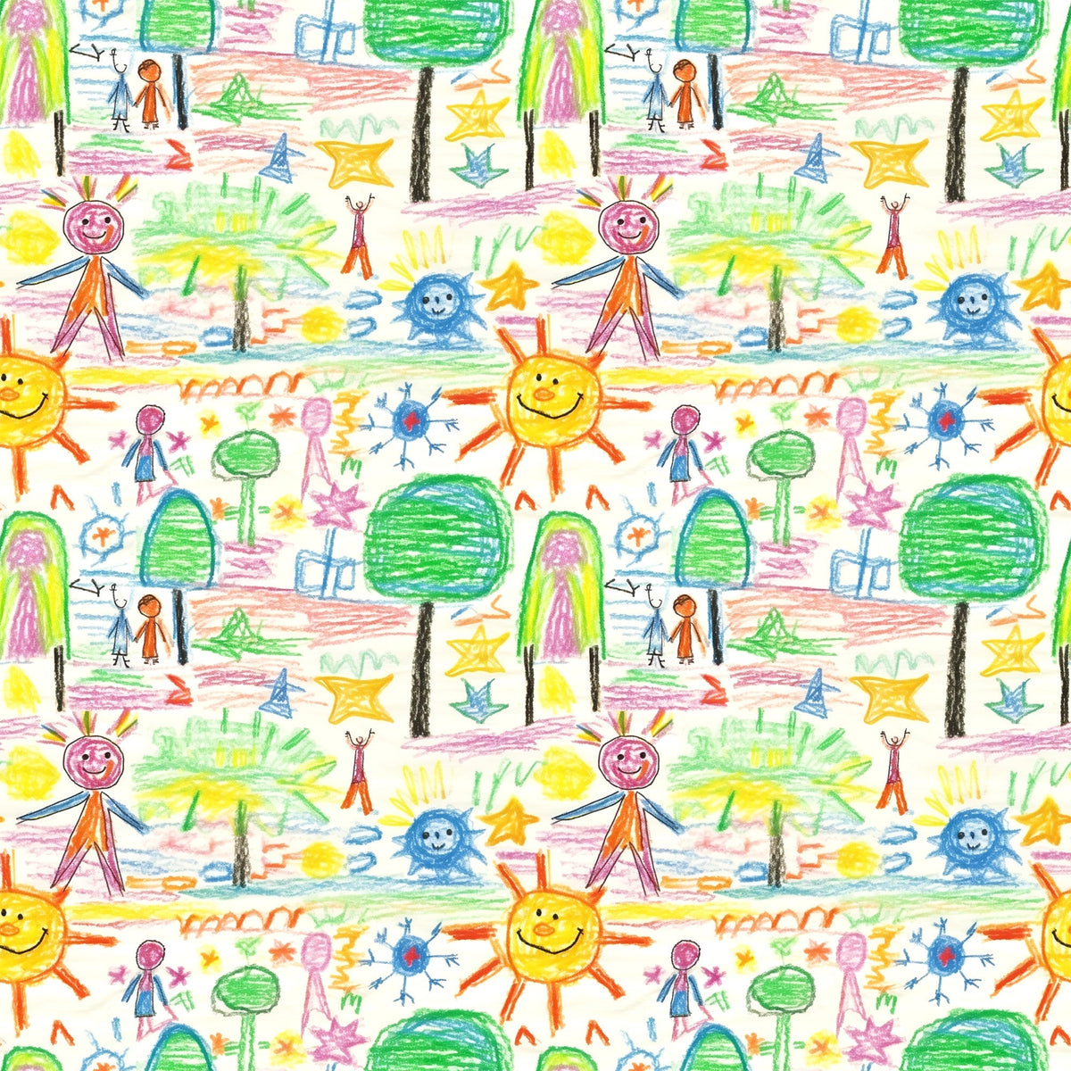 child artwork, crayon drawings, stick figures, smiling sun, green trees, colorful stars, rainbow colors, yellow, orange, blue, green, pink, purple, whimsical pattern, playful design, children's art style,, fabric panel, repeating motif, bright colors, cheerful mood