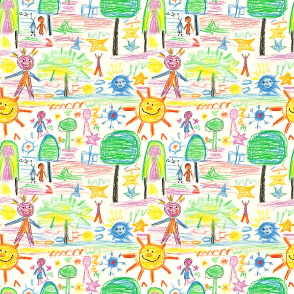 child artwork, crayon drawings, stick figures, smiling sun, green trees, colorful stars, rainbow colors, yellow, orange, blue, green, pink, purple, whimsical pattern, playful design, children's art style,, fabric panel, repeating motif, bright colors, cheerful mood
