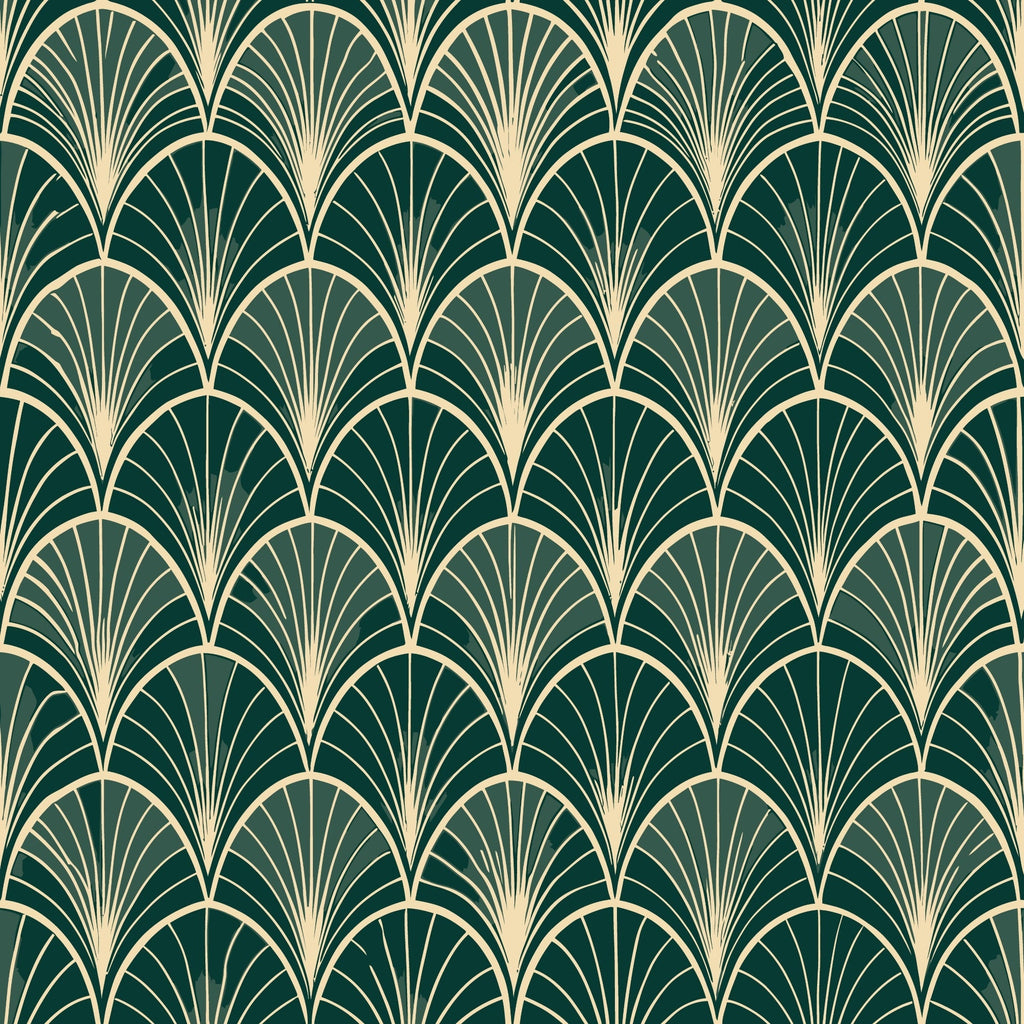 dark green, cream, gold, art deco, fan pattern, scalloped design, geometric motifs, repeating pattern, elegant curves, vintage style,, fabric panel, radiating lines, luxurious feel, sophisticated design, peacock fan motif, 1920s inspired, decorative elements, smooth curves, ornamental design