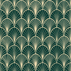dark green, cream, gold, art deco, fan pattern, scalloped design, geometric motifs, repeating pattern, elegant curves, vintage style,, fabric panel, radiating lines, luxurious feel, sophisticated design, peacock fan motif, 1920s inspired, decorative elements, smooth curves, ornamental design