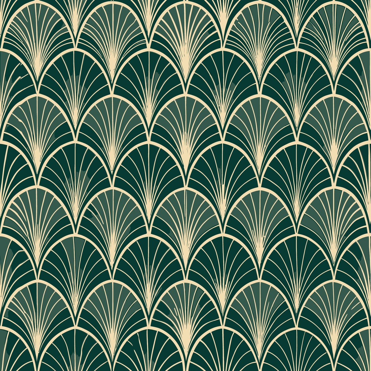 dark green, cream, gold, art deco, fan pattern, scalloped design, geometric motifs, repeating pattern, elegant curves, vintage style,, fabric panel, radiating lines, luxurious feel, sophisticated design, peacock fan motif, 1920s inspired, decorative elements, smooth curves, ornamental design