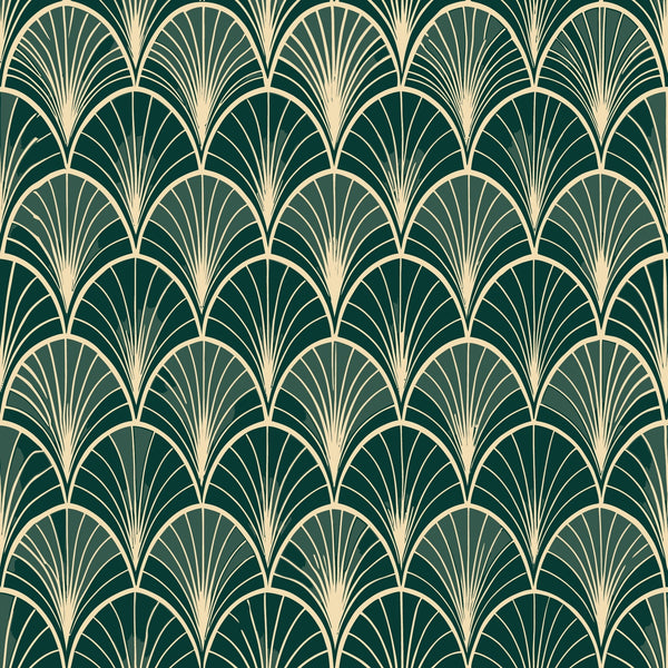 dark green, cream, gold, art deco, fan pattern, scalloped design, geometric motifs, repeating pattern, elegant curves, vintage style,, fabric panel, radiating lines, luxurious feel, sophisticated design, peacock fan motif, 1920s inspired, decorative elements, smooth curves, ornamental design