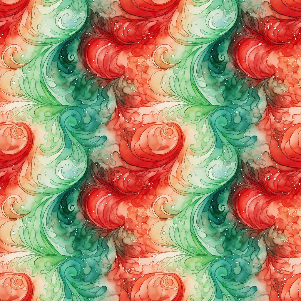 watercolor, christmas swirls, red, green, coral, teal, emerald, flowing patterns, organic swirls, festive design, holiday fabric,, seamless pattern, fluid motifs, winter colors, decorative swirls, soft watercolor effect, christmas themed, fabric panel, ornamental design