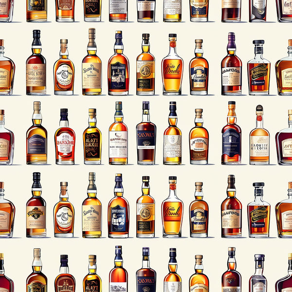 amber, golden brown, whiskey bottles, liquor bottles, repeating pattern, scottish theme, glass bottles, warm tones, caramel colors, honey hues, distillery motif, alcohol themed, bottle collection,, fabric panel, beverage pattern, spirits design, rows arrangement, earth tones, vintage bottles