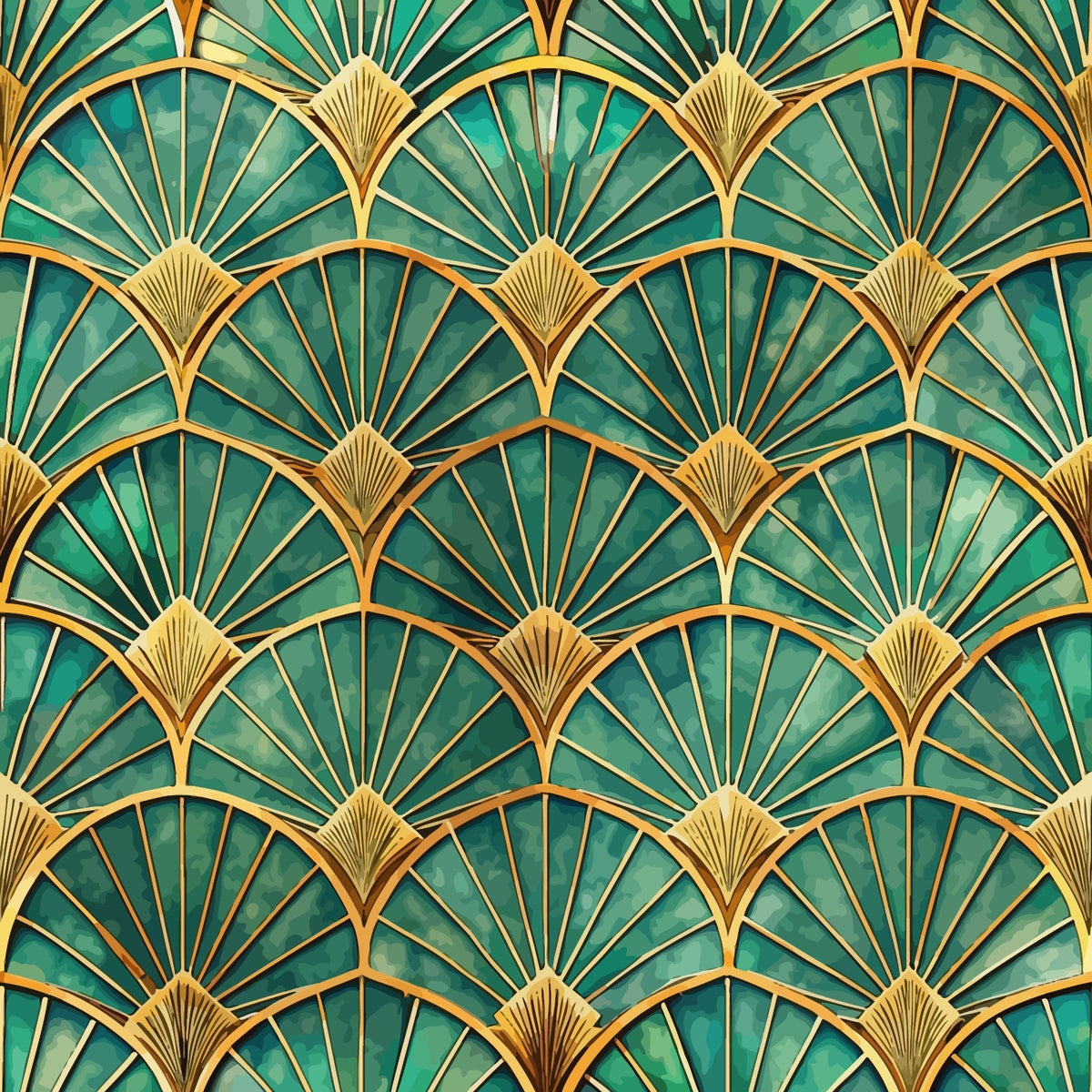 emerald green, gold, teal, fan pattern, art deco, geometric design, radiating lines, scalloped motif, repetitive pattern, luxurious, elegant, vintage style,, fabric panel, 1920s inspired, peacock feathers, shell design, ornate details, sophisticated pattern