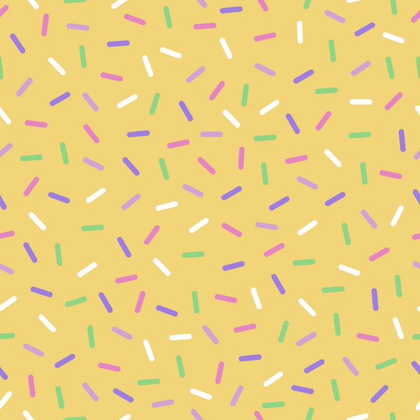 yellow background, rainbow sprinkles, colorful confetti, pink sprinkles, purple sprinkles, green sprinkles, white sprinkles, blue sprinkles, scattered pattern, random placement, cheerful design, playful mood,, fabric panel, baking theme, dessert motif, bright colors, festive pattern, sweet treats, candy colors