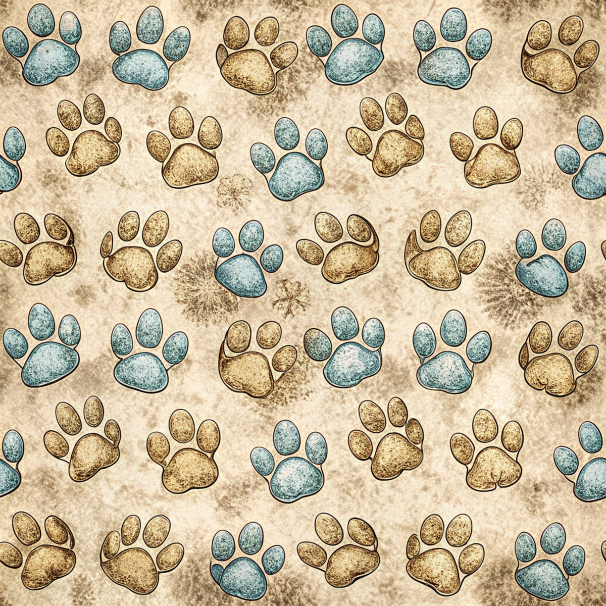 paw prints, dog paws, blue paws, brown paws, beige background, sandy texture, animal tracks, pet themed,, fabric panel, scattered pattern, rustic style, earthy tones, natural colors, dog lover, pet motif, repeating design, textured background, animal print, craft fabric