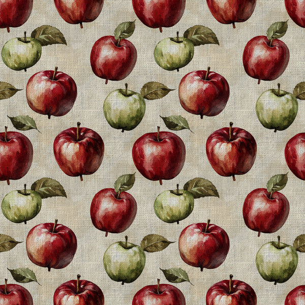 red apples, green apples, cream background, apple orchard, fruit pattern, botanical, farmhouse style, rustic, vintage, nature theme, harvest, autumn, fall, traditional, country, natural leaves, stems, textured background, linen look, cottage core, kitchen theme, orchard, produce, homespun, warm tones, earth tones, deep red, sage green, classic pattern, timeless design