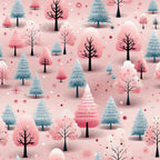 christmas trees, winter forest, pink background, blue evergreens, coral pink trees, bare branches, snowflakes, stars, polka dots, whimsical illustration, modern art style,, fabric panel, holiday theme, winter wonderland, geometric shapes, scattered pattern, festive design, pastel colors, dreamy atmosphere