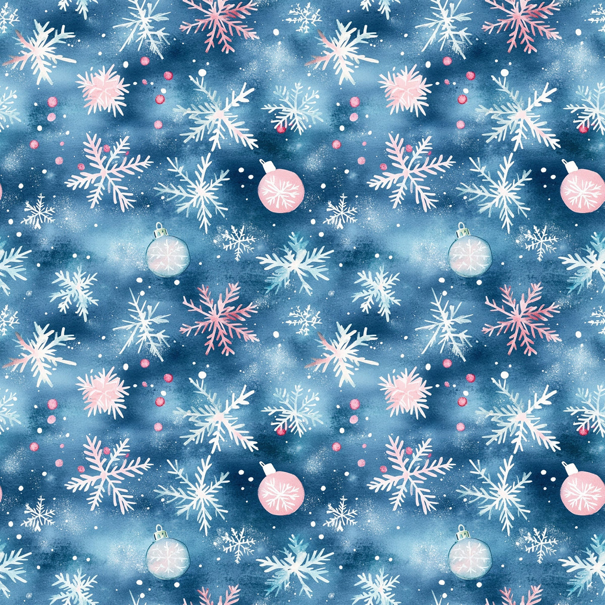 watercolor blue, christmas ornaments, snowflakes, pink accents, white snowflakes, winter pattern, holiday fabric,, fabric panel, festive design, blue background, christmas baubles, seasonal motifs, watercolor style, winter wonderland, holiday ornaments, repeating pattern, craft fabric, christmas decor