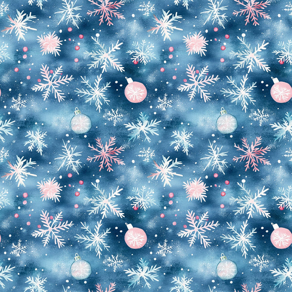 watercolor blue, christmas ornaments, snowflakes, pink accents, white snowflakes, winter pattern, holiday fabric,, fabric panel, festive design, blue background, christmas baubles, seasonal motifs, watercolor style, winter wonderland, holiday ornaments, repeating pattern, craft fabric, christmas decor