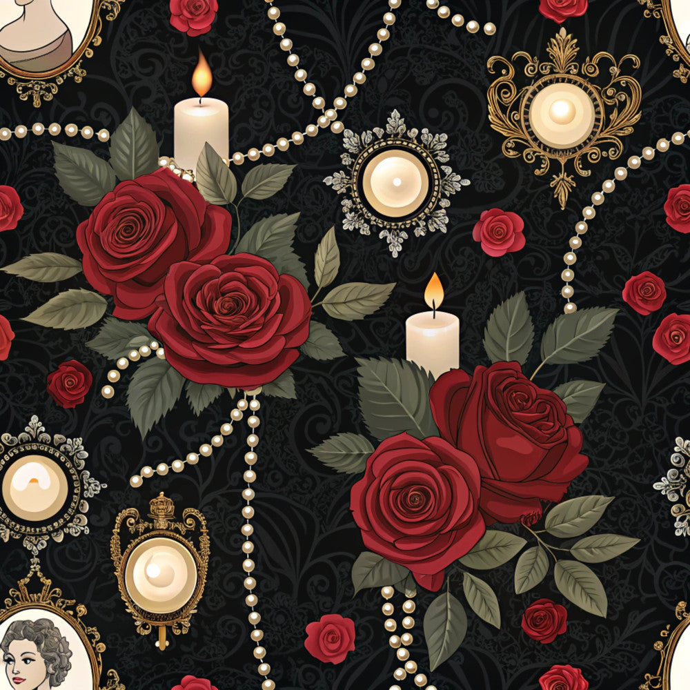 deep black, cream, gold, burgundy red, dark red, wine red, rose red, floral, vintage, elegant, luxurious, ornate, damask, pearls, pearl strands, candles, roses, red roses, leaves, romantic, gothic, victorian, royal, glamorous, classic, ornamental, decorative, timeless, formal
