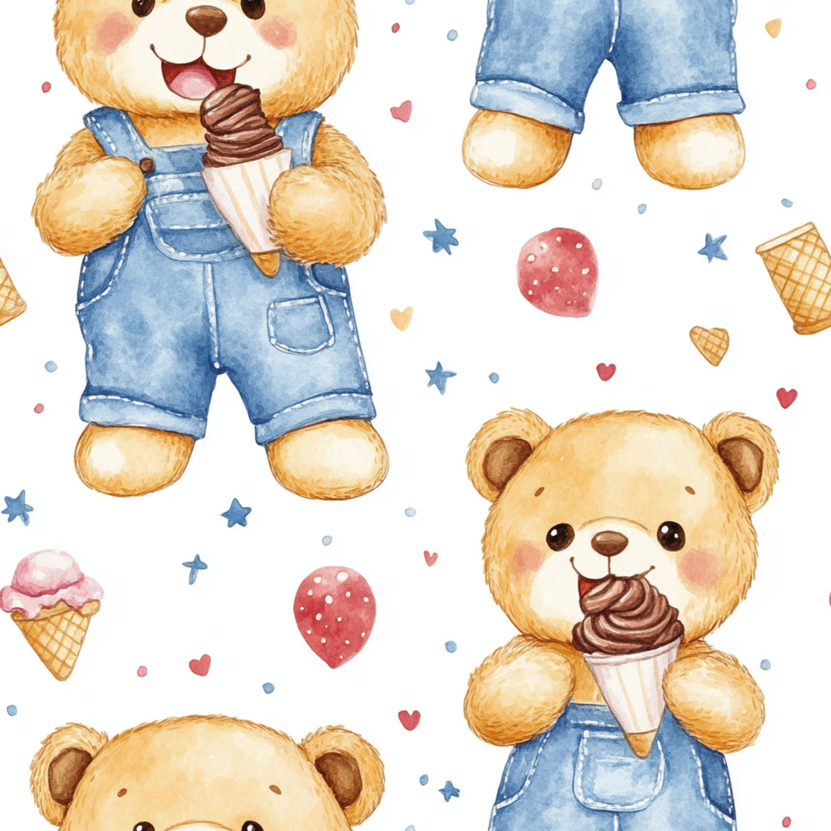 blue, teddy bear, baby boy, watercolor style, ice cream cones, overalls, denim, golden brown, pink hearts, red balloons, stars, polka dots, cute animals, whimsical, playful, nursery theme,, fabric panel, cheerful, soft pastels