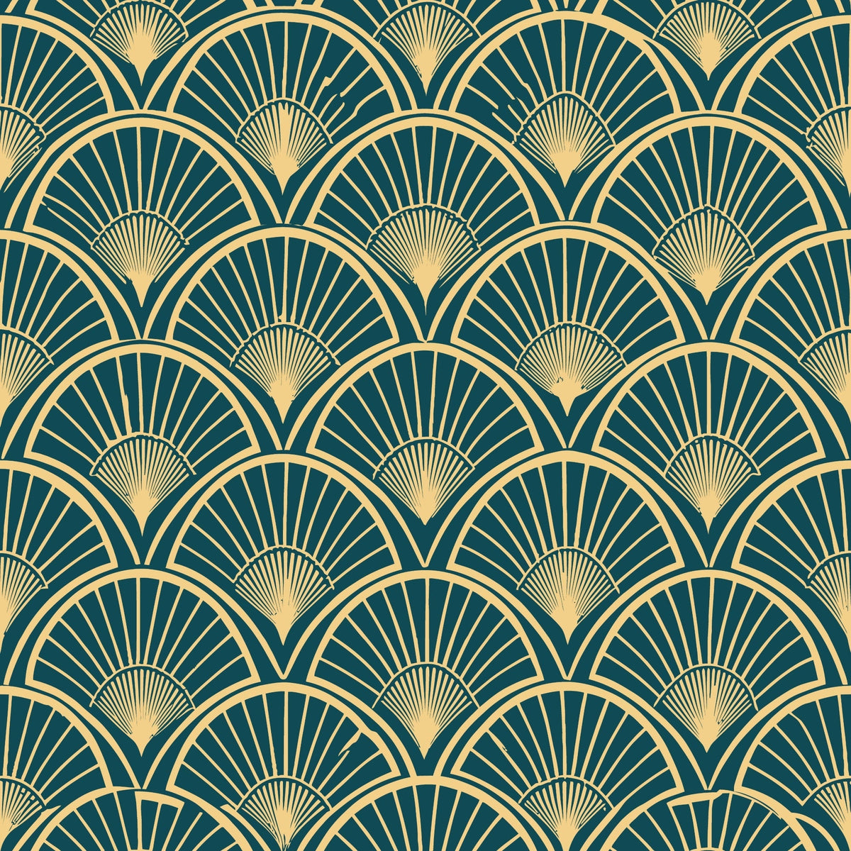 art deco, geometric pattern, fan motif, radiating lines, teal green, gold, cream, repeating design, vintage style, elegant, luxurious, sunburst pattern, scalloped edges,, fabric panel, 1920s inspired, decorative motif, sophisticated, ornate design