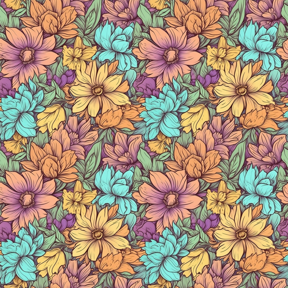 colorful flowers, turquoise, cyan blue, yellow, coral pink, purple, sage green, orange, floral pattern, botanical, nature, whimsical, vibrant, spring, summer, garden, wildflowers, daisies, multi-colored, playroom, nursery, kids room, cheerful, bright, cheerful design, children's, fun, colorful botanical, vibrant blooms