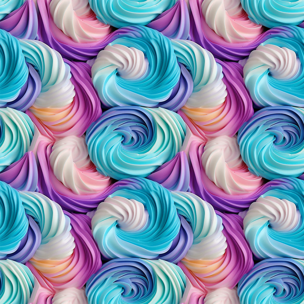 turquoise, purple, pink, white, swirl pattern, frosting design, cupcake frosting, rainbow colors, pastel hues, whimsical, sweet treats, dessert theme,, fabric panel, food motif, bakery inspired, colorful swirls, confectionery, treat pattern, spiral design