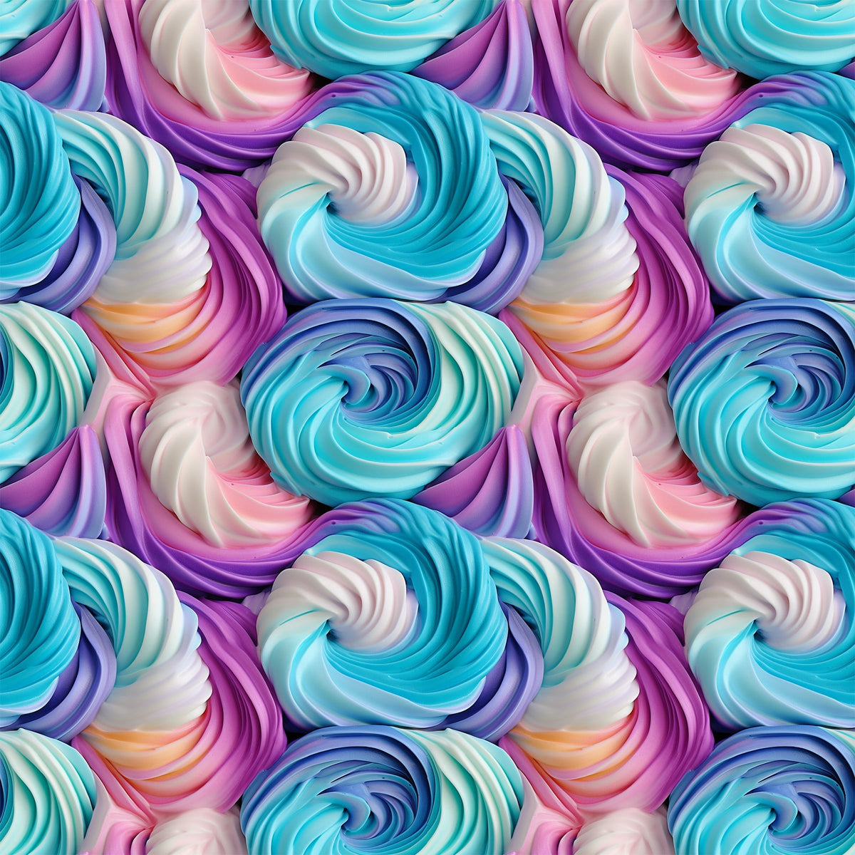 turquoise, purple, pink, white, swirl pattern, frosting design, cupcake frosting, rainbow colors, pastel hues, whimsical, sweet treats, dessert theme,, fabric panel, food motif, bakery inspired, colorful swirls, confectionery, treat pattern, spiral design