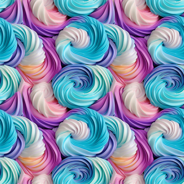 turquoise, purple, pink, white, swirl pattern, frosting design, cupcake frosting, rainbow colors, pastel hues, whimsical, sweet treats, dessert theme,, fabric panel, food motif, bakery inspired, colorful swirls, confectionery, treat pattern, spiral design