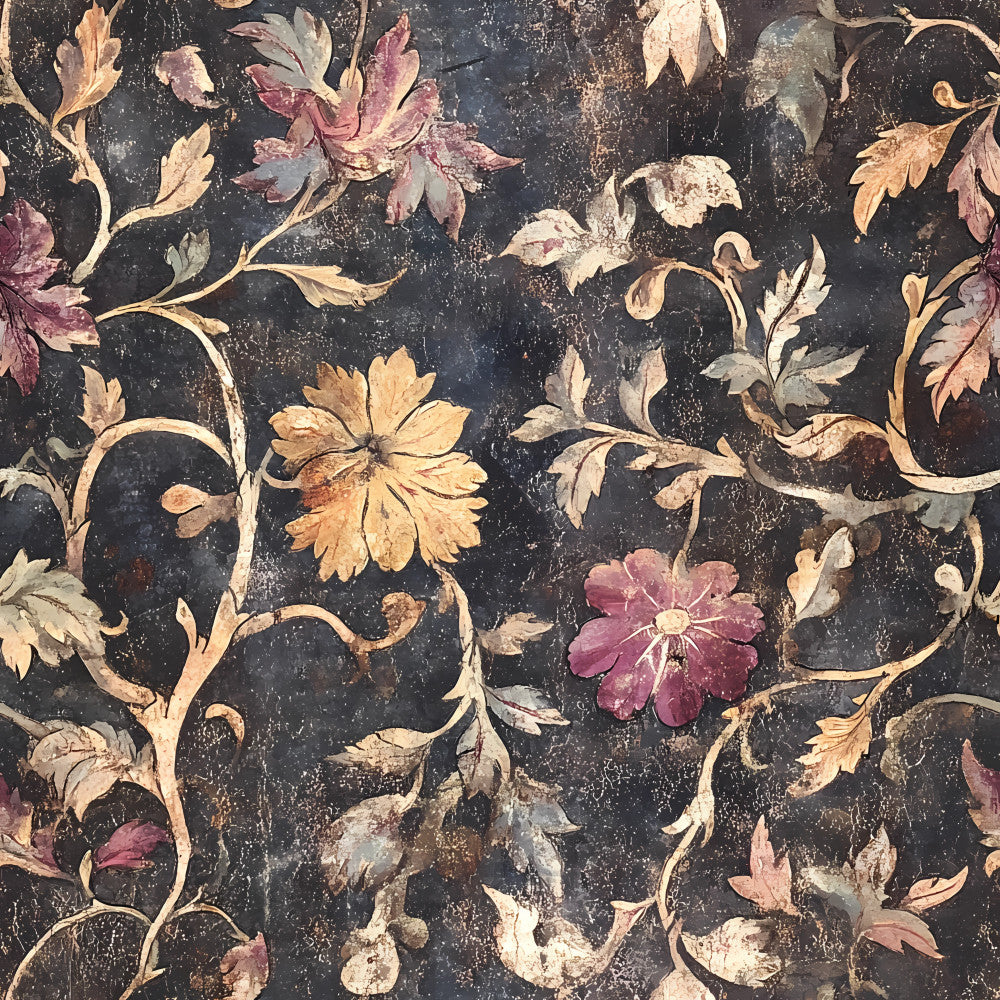 charcoal black, dusty rose, golden yellow, sage green, cream, vintage floral, botanical, ornate scrollwork, elegant, romantic, damask, dark academia, moody, delicate flowers, flourishing vines, distressed finish, antique aesthetic, classic, sophisticated, timeless, european inspired, garden, nature, transitional style, mauve, taupe, aged patina, ornamental branches, heirloom