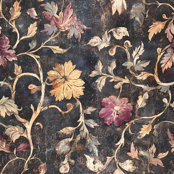 charcoal black, dusty rose, golden yellow, sage green, cream, vintage floral, botanical, ornate scrollwork, elegant, romantic, damask, dark academia, moody, delicate flowers, flourishing vines, distressed finish, antique aesthetic, classic, sophisticated, timeless, european inspired, garden, nature, transitional style, mauve, taupe, aged patina, ornamental branches, heirloom