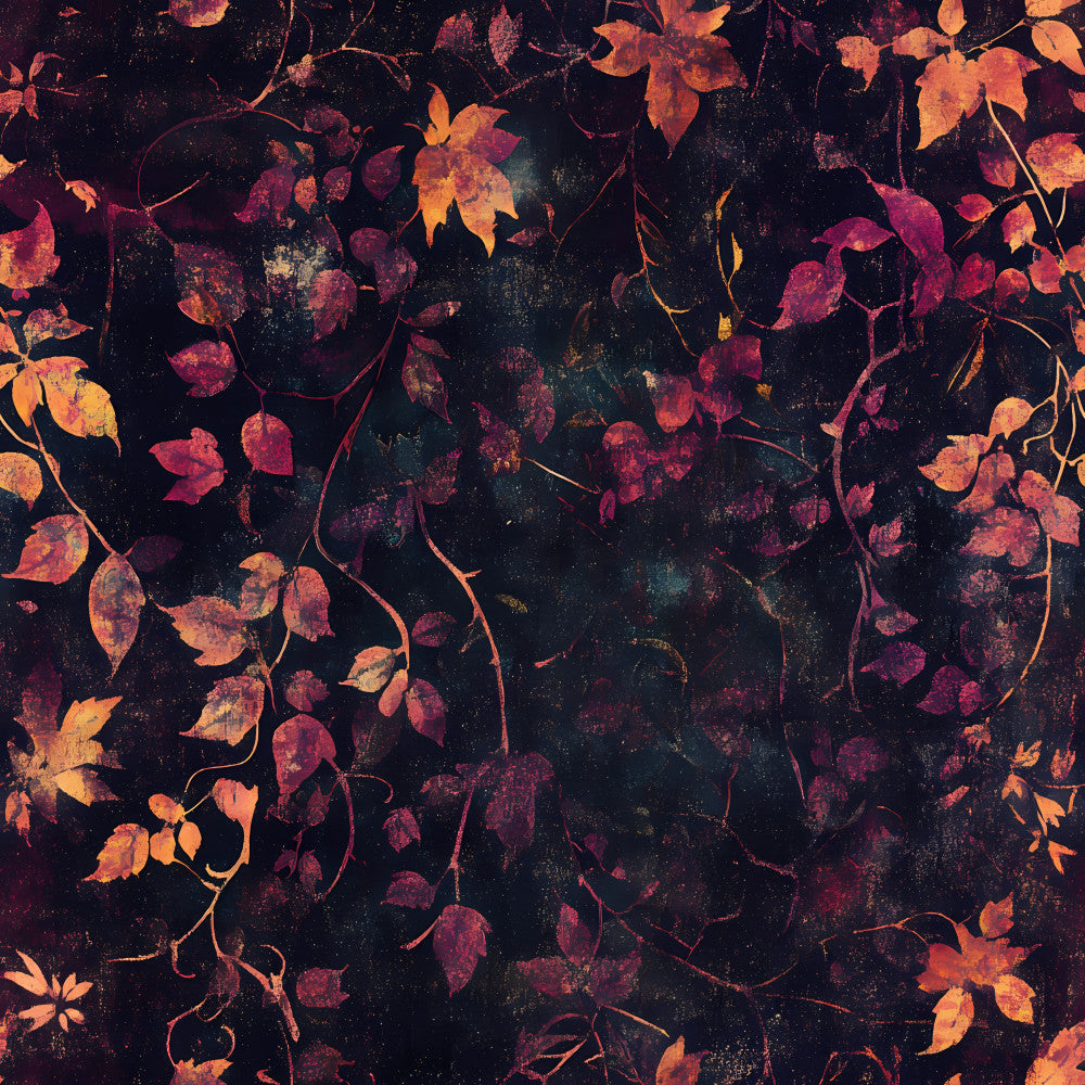 autumn leaves, fall foliage, dark background, burgundy, deep red, burnt orange, golden yellow, wine red, maroon, copper, rust, moody, dark academia, botanical, nature-inspired, vintage, romantic, gothic, celestial, elegant, whimsical, ivy vines, climbing vines, leaf pattern, seasonal, fall decor, harvest theme, cozy, moody florals, dark romantic