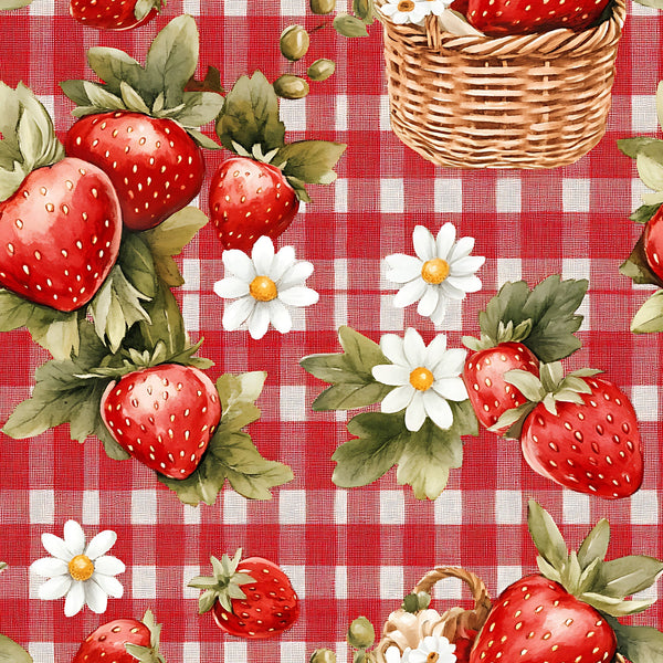 strawberry pattern, red gingham, white checkered, cotton fabric, quilting panel, picnic theme, daisy flowers, wicker basket, fruit motif, summer vibes, botanical elements, red berries, white blossoms, green leaves, country style, farmhouse aesthetic, food illustration, vintage inspired, cheerful design, cottage core