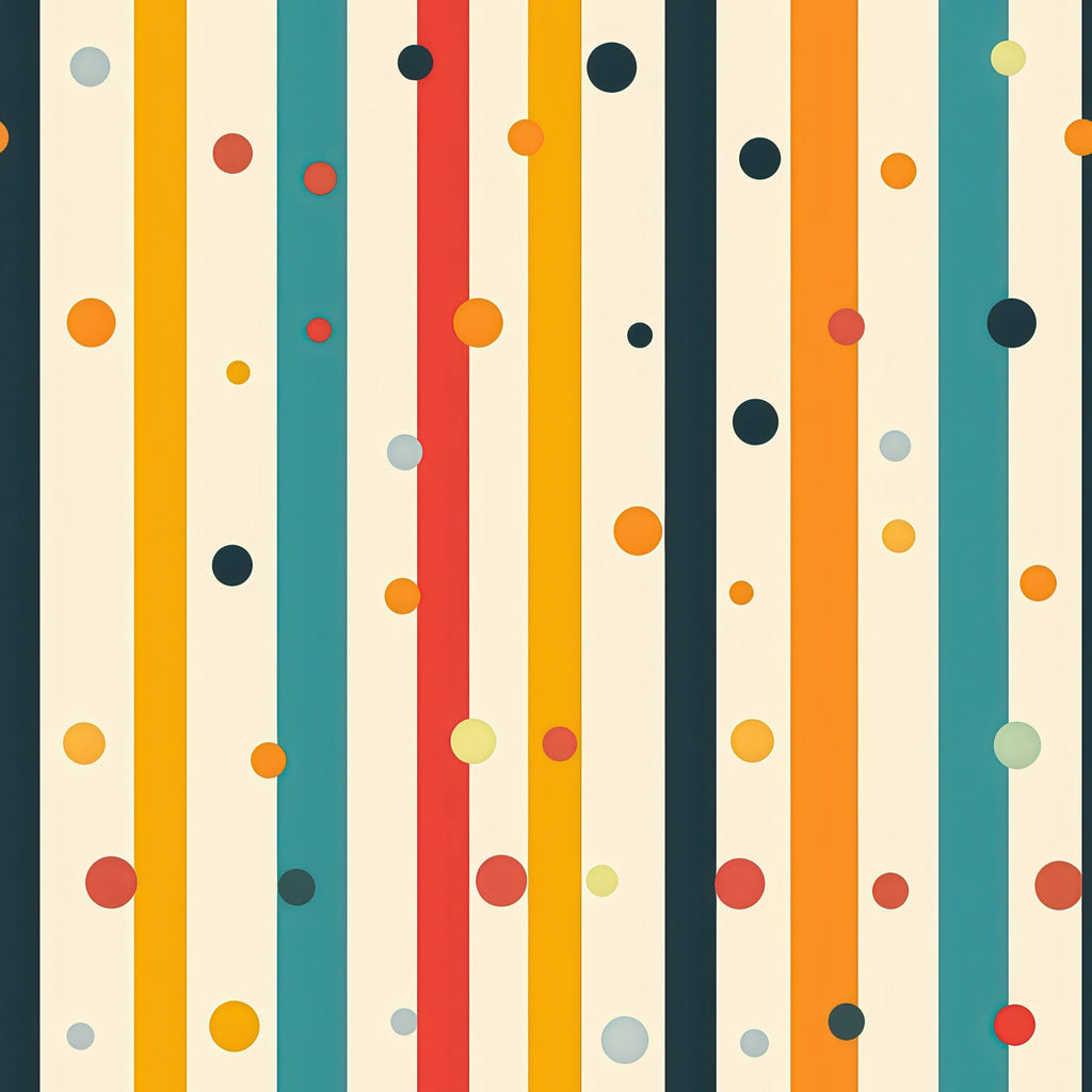 colorful stripes, polka dots, geometric pattern, vertical stripes, orange, teal, red, yellow, navy blue, cream background, retro style, modern design,, fabric panel, cheerful, vibrant colors, abstract design, playful pattern, crafting material, mid-century modern