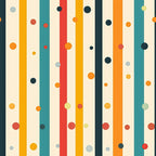 colorful stripes, polka dots, geometric pattern, vertical stripes, orange, teal, red, yellow, navy blue, cream background, retro style, modern design,, fabric panel, cheerful, vibrant colors, abstract design, playful pattern, crafting material, mid-century modern