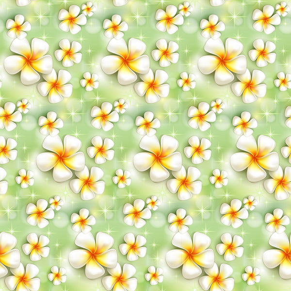 white flowers, plumeria blossoms, tropical flowers, green background, yellow centers, orange gradient, sparkle effects, summer pattern, beach theme, hawaiian style, floral repeating pattern,, fabric panel, bright colors, tropical paradise, vacation vibes, seamless design, nature motif, botanical print, resort style