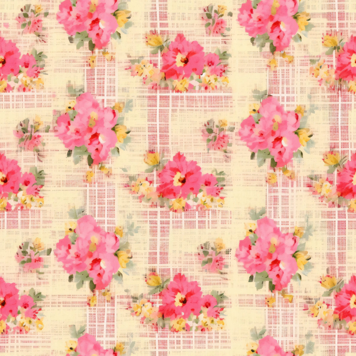 pink flowers, coral blooms, yellow accents, green leaves, plaid background, crosshatch pattern, watercolor style, floral motif, repeating design, shabby chic, cottage core, spring theme,, fabric panel, soft pastels, romantic florals, country style, vintage inspired, feminine aesthetic