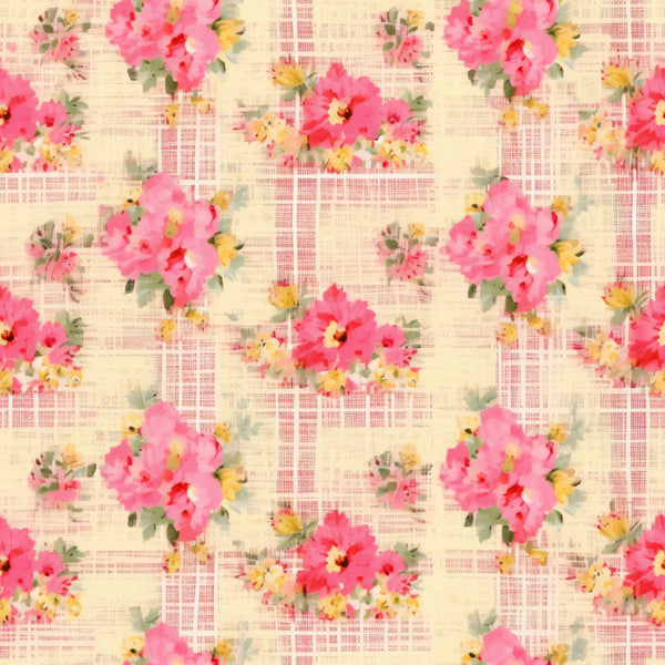 pink flowers, coral blooms, yellow accents, green leaves, plaid background, crosshatch pattern, watercolor style, floral motif, repeating design, shabby chic, cottage core, spring theme,, fabric panel, soft pastels, romantic florals, country style, vintage inspired, feminine aesthetic
