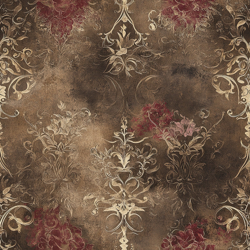 Gothic Fairytale Pattern 17 fleece fabric with ornate cream-gold damask flourishes, distressed taupe-brown ground and deep burgundy floral accents