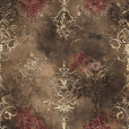 Gothic Fairytale Pattern 17 fleece fabric with ornate cream-gold damask flourishes, distressed taupe-brown ground and deep burgundy floral accents