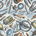 fishing, fishing gear, vintage fishing, fishing tackle, fish lures, hooks, fishing rods, reels, fishing net, bobbers, nautical, ocean theme, water sports, outdoor recreation, tan, cream, orange, blue, gray, black, illustrated, detailed line art, whimsical, vintage style, adventurous, sportsman, fisherman, hobbies, recreational activities, boys room