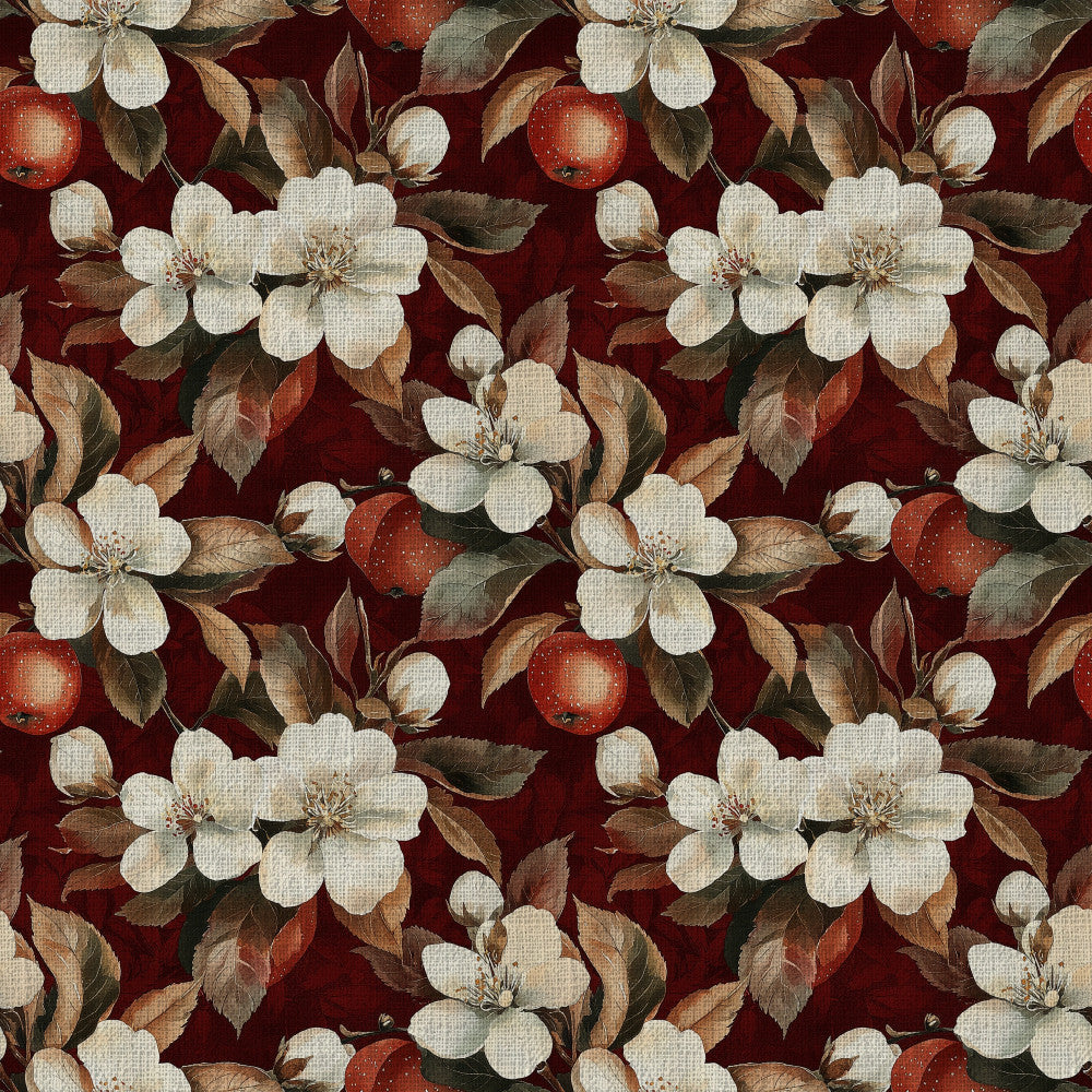 burgundy, cream, ivory, rust red, deep red, wine red, sage green, brown, floral, botanical, vintage, romantic, elegant, traditional, apple blossoms, fruit blossoms, white flowers, red apples, orchard, nature, garden, classic, timeless, spring, summer, farmhouse, cottage core, heritage, botanical print, fruit and flowers