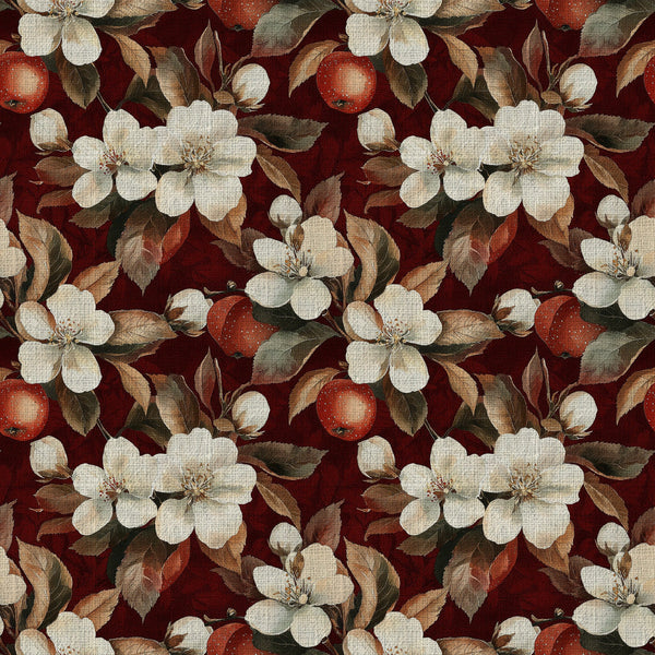 burgundy, cream, ivory, rust red, deep red, wine red, sage green, brown, floral, botanical, vintage, romantic, elegant, traditional, apple blossoms, fruit blossoms, white flowers, red apples, orchard, nature, garden, classic, timeless, spring, summer, farmhouse, cottage core, heritage, botanical print, fruit and flowers