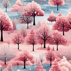 pink, coral, dusty rose, blue gray, winter trees, bare branches, snowflakes, falling snow, winter landscape, dreamy watercolor, soft pastels,, fabric panel, winter wonderland, snowy scene, delicate branches, layered trees, christmas fabric, seasonal design, cotton fabric