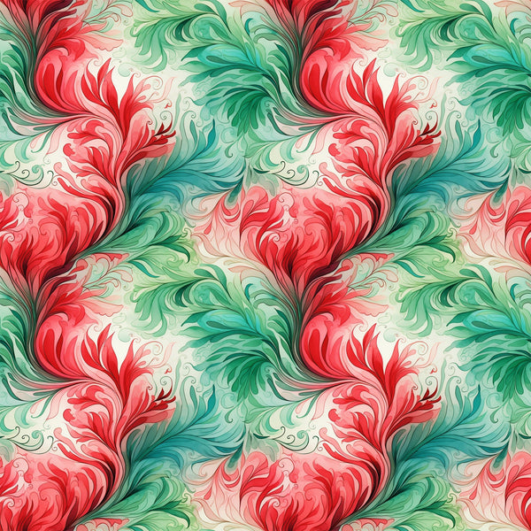 watercolor, christmas swirls, red, green, turquoise, coral pink, cream, flowing patterns, ornate flourishes, decorative scrollwork, holiday fabric,, seamless repeat, elegant swirls, festive colors, botanical motifs, vintage style, fabric panel, christmas crafting, holiday quilting