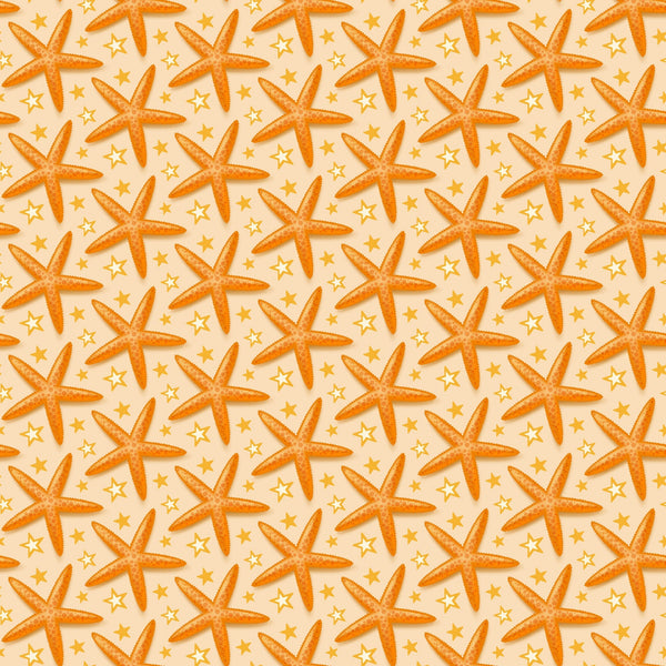 orange, peach, cream, starfish, sea stars, nautical pattern, ocean theme, beach motif, summer fabric, marine life, coastal design,, fabric panel, repeating pattern, tropical vibes, seaside elements, warm tones, aquatic creatures, geometric stars, vacation theme