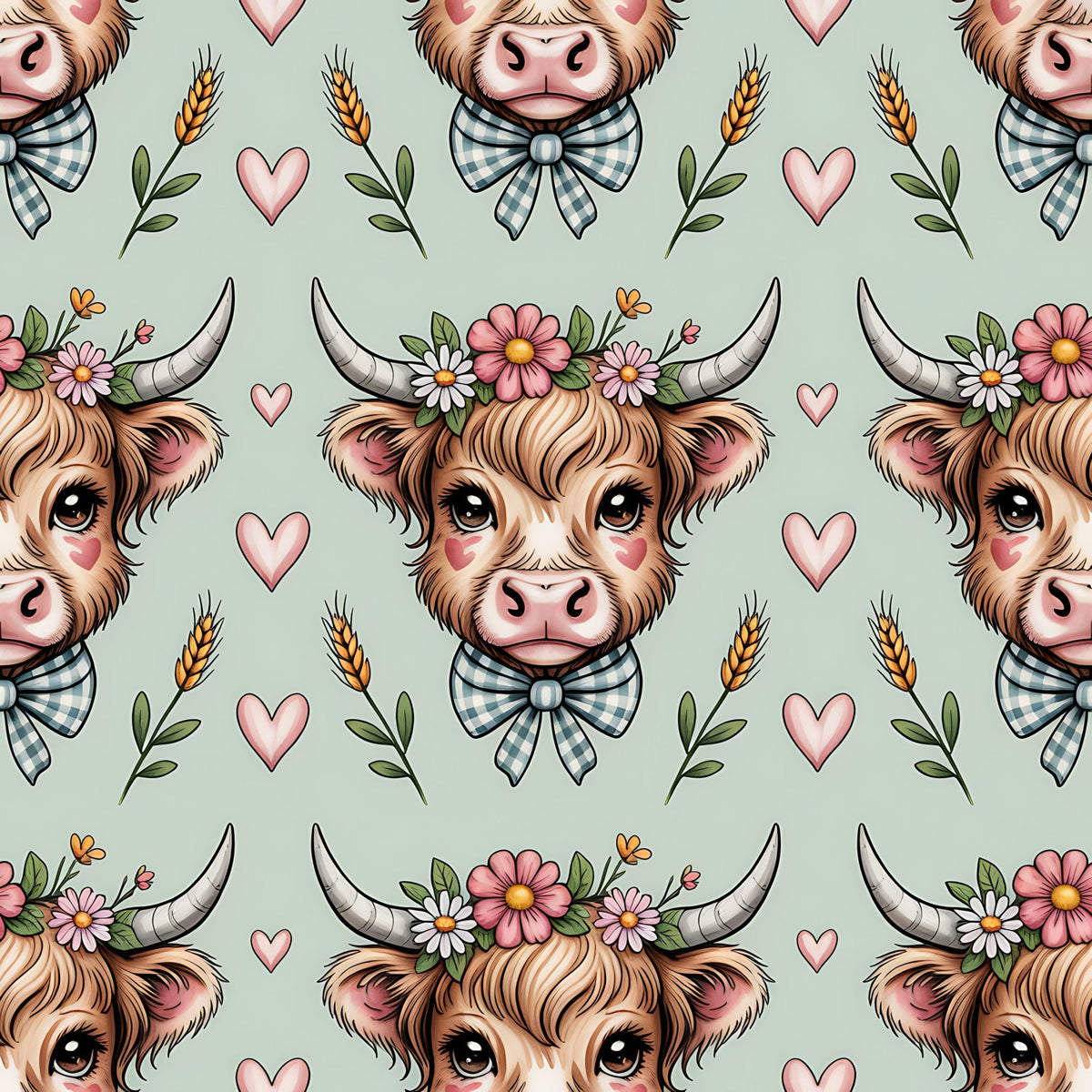 sage green, highland cow, cow heads, floral crown, gingham bow tie, pink hearts, wheat stalks, cottage core, pastoral,, fabric panel, repeating pattern, brown fur, horns, daisy flowers, leafy vines, farm animals, whimsical, soft colors, rustic charm