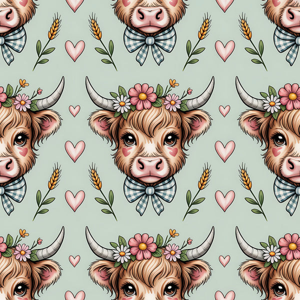 sage green, highland cow, cow heads, floral crown, gingham bow tie, pink hearts, wheat stalks, cottage core, pastoral,, fabric panel, repeating pattern, brown fur, horns, daisy flowers, leafy vines, farm animals, whimsical, soft colors, rustic charm