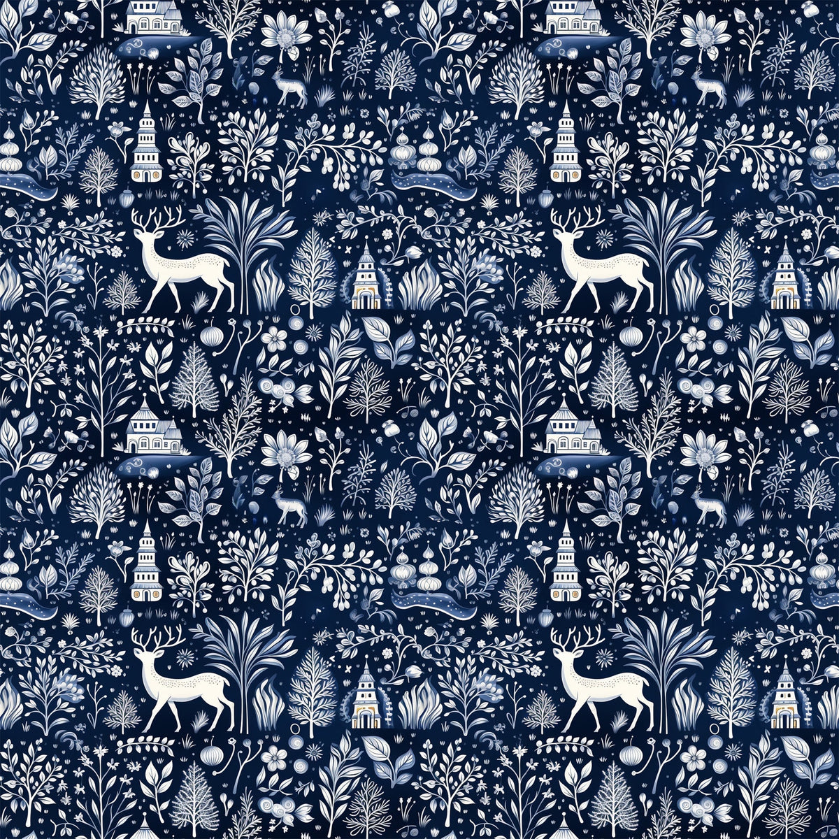 navy blue, white, cream, delft blue, winter scenery, deer, stags, trees, buildings, houses, folk art, botanical motifs, flowers, leaves, branches, repeating pattern,, fabric panel, winter theme, nature elements, silhouettes, intricate design, monochromatic