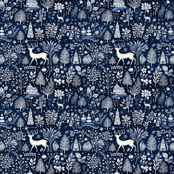 navy blue, white, cream, delft blue, winter scenery, deer, stags, trees, buildings, houses, folk art, botanical motifs, flowers, leaves, branches, repeating pattern,, fabric panel, winter theme, nature elements, silhouettes, intricate design, monochromatic