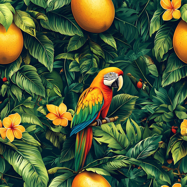 tropical parrot, macaw, vibrant orange, emerald green, mango fruits, plumeria flowers, lush foliage, jungle pattern, exotic birds, botanical design,, fabric panel, tropical paradise, rainforest theme, colorful plumage, hawaiian flowers, fruit motifs, nature scene, wildlife illustration, bright yellows
