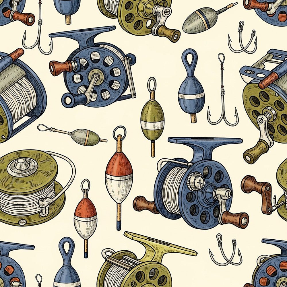 fishing, nautical, vintage, retro, sport fishing, tackle, fishing reel, fishing hooks, bobbers, navy blue, cream, olive green, rust orange, brown, traditional, classic, masculine, outdoor, recreation, fishing gear, tackle box, men's, father's day, sports theme, heritage, timeless, detailed illustration