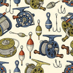 fishing, nautical, vintage, retro, sport fishing, tackle, fishing reel, fishing hooks, bobbers, navy blue, cream, olive green, rust orange, brown, traditional, classic, masculine, outdoor, recreation, fishing gear, tackle box, men's, father's day, sports theme, heritage, timeless, detailed illustration