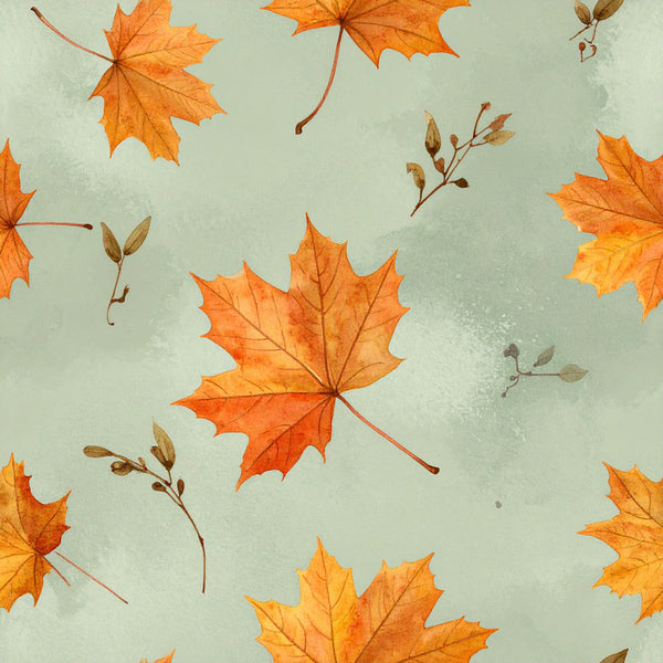 autumn leaves, fall leaves, maple leaves, orange leaves, burnt orange, sage green, watercolor leaves, botanical, nature, autumn, fall, seasonal, whimsical, rustic, vintage, leaf pattern, leaf motifs, seed pods, dried botanicals, natural elements, earthy tones, warm colors, soft aesthetic, cozy, woodland, harvest theme, autumn decor, kids room, nursery fabric, nature lover